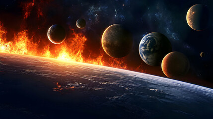 A fiery inferno engulfs a planet as other planets orbit in the dark space.