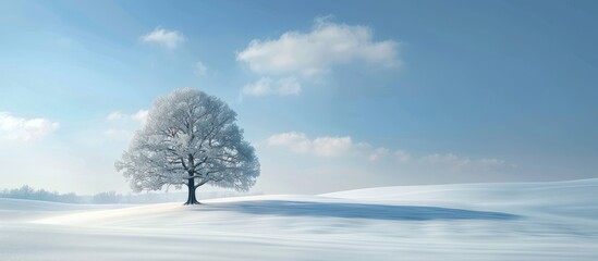 Snow covered landscape with a lone lenga tree creating a serene scene with a vast empty horizon perfect for a copy space image