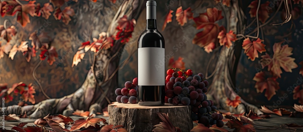 Poster red wine bottle with blank label old tree stump grapes and dried vine leaves in the backdrop perfect
