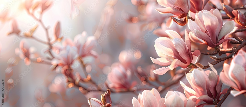Aufkleber Pink magnolia flowers on a blossoming magnolia tree creating an elegant copy space image