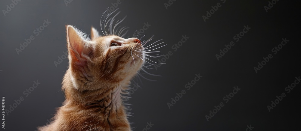 Poster Ginger tabby kitten gazes upwards on a grey backdrop in a charming pet portrait with a humorous and beautiful pose Includes copy space image