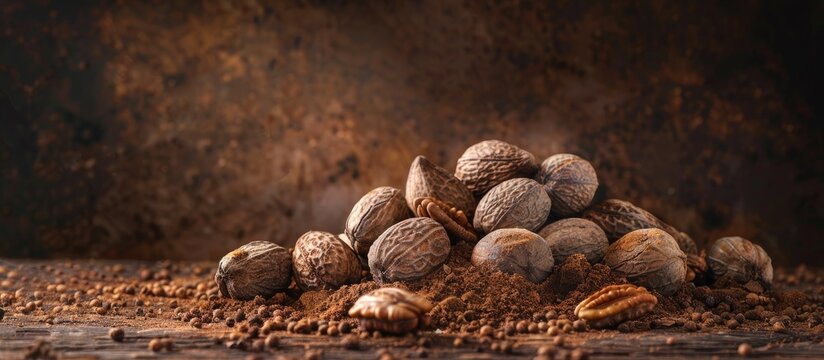 An isolated heap of nutmeg arils known as javitri with a mace shell providing copy space in a horizontal image of Myristica fragrans