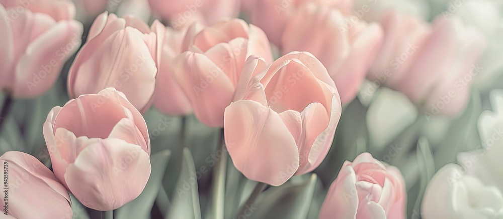 Poster vintage style top view of numerous pale pink tulips with a copy space image