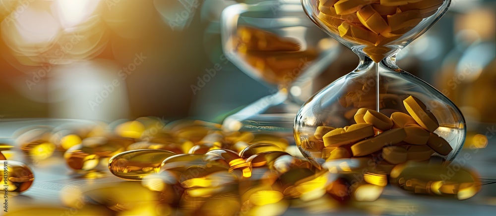 Poster selective focus on various yellow pills vitamins and capsules set against an hourglass symbolizing h