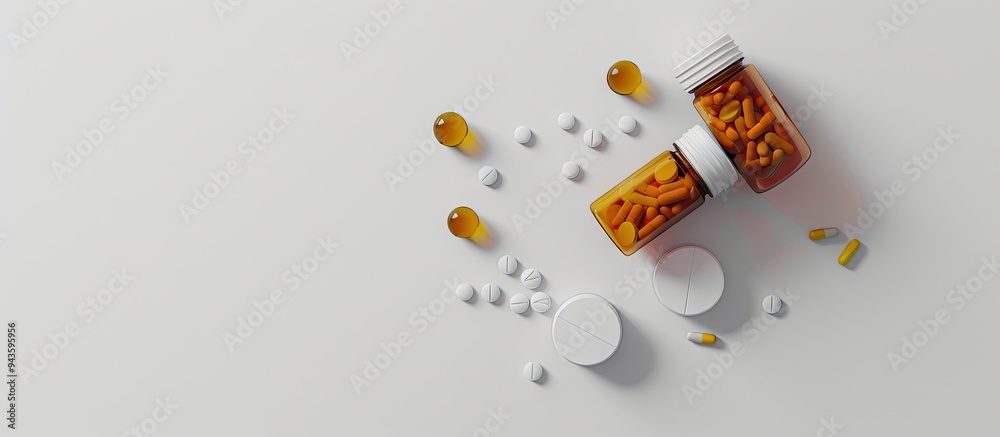 Poster white background featuring antibiotic pills and bottle from top view includes copy space image