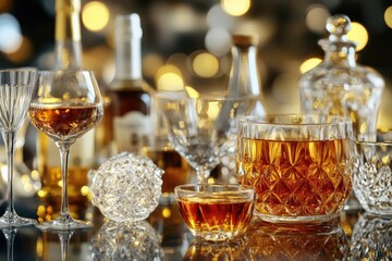 Composition of bottles and glasses presenting variety of strong alcoholic beverages