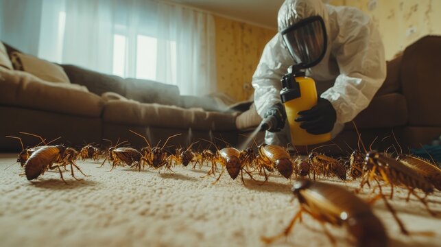 Professional exterminator spraying insecticide to eliminate roaches in a home environment