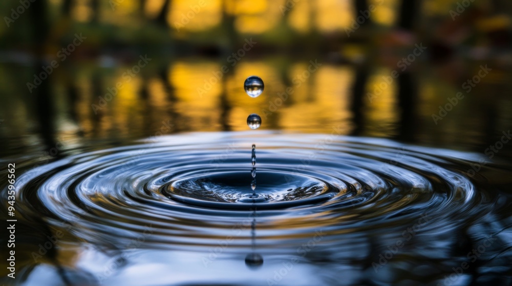 Poster a water droplet falling into a calm pool, creating ripples that expand outward, symbolizing tranquil