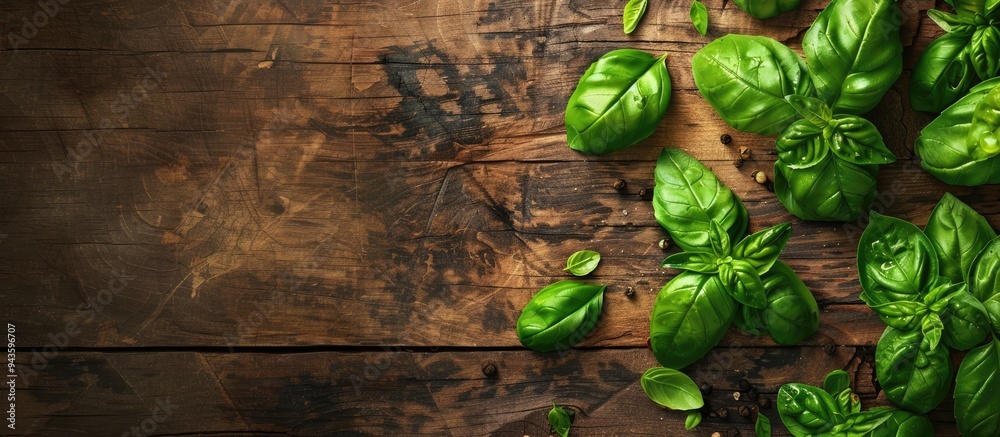 Leinwandbilder fresh green organic basil leaves displayed on a textured wooden background ideal for vegan cuisine w