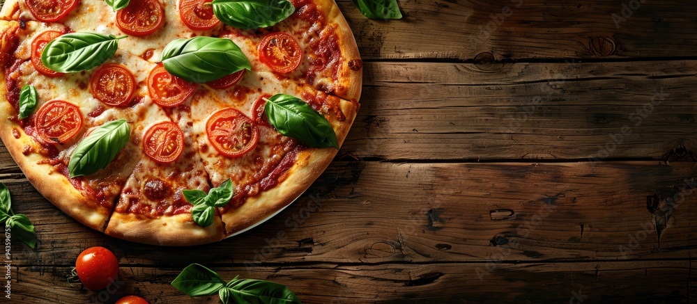 Poster classic pizza margherita topped with slices of juicy tomatoes gooey melted cheese and fresh basil le