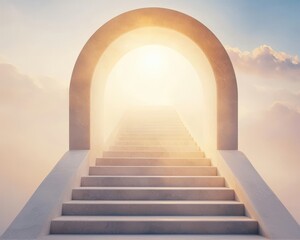 A breathtaking sunrise bathes heavenly staircase in warm light. Journey towards future filled with hope and divine guidance, as ethereal glow invites souls to ascend into realm of peace and serenity.