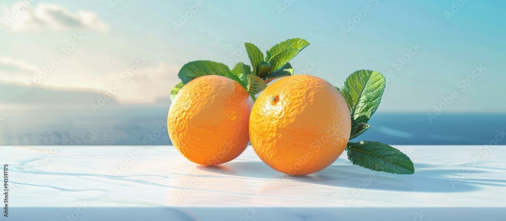 Poster a white table displays two oranges garnished with mint leaves against a seascape backdrop providing 