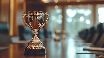 Golden trophy displayed on meeting room table with business professionals in background