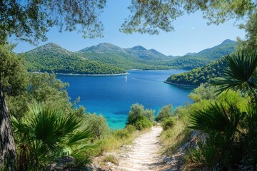 Stone pathway leading to beautiful cove with sailboat on adriatic sea