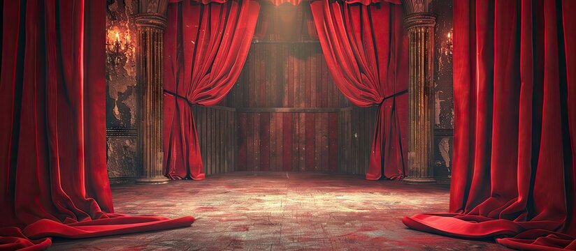 Elegant red curtains in a theater provide a fitting backdrop for copy space image