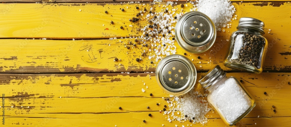 Poster Flat lay shot of spice shakers with salt on a yellow wooden table providing ample space for text alongside the copy space image