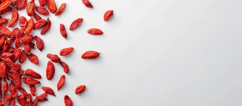 Poster Top down view of dried goji berries on white backdrop with copy space image for text arranged in a flat lay style
