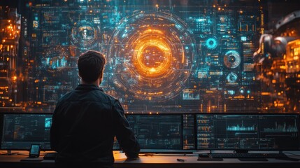 Person at futuristic data hub with digital interface