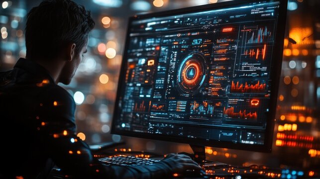 Person reviewing complex data on multiple screens at night.