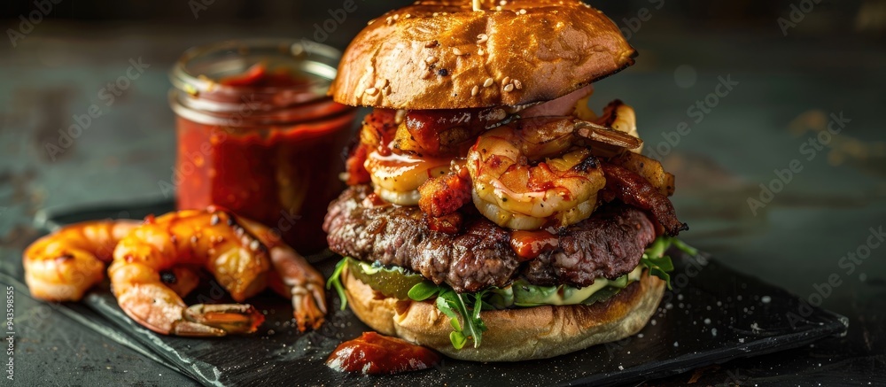 Poster A close up image featuring a burger topped with shrimp and meat on a black napkin with a jar of red sauce next to it providing copy space within the frame