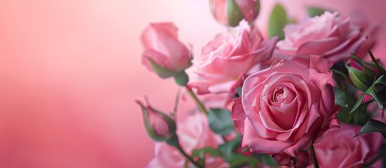 Close up view of blooming pink roses with copy space image