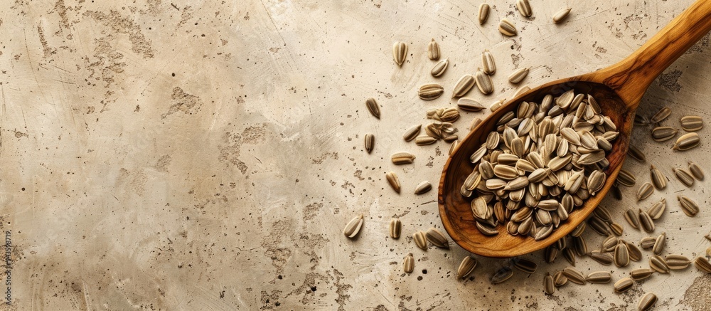 Aufkleber beige background with a wooden spoon decorated with sunflower seeds creating a textural copy space i
