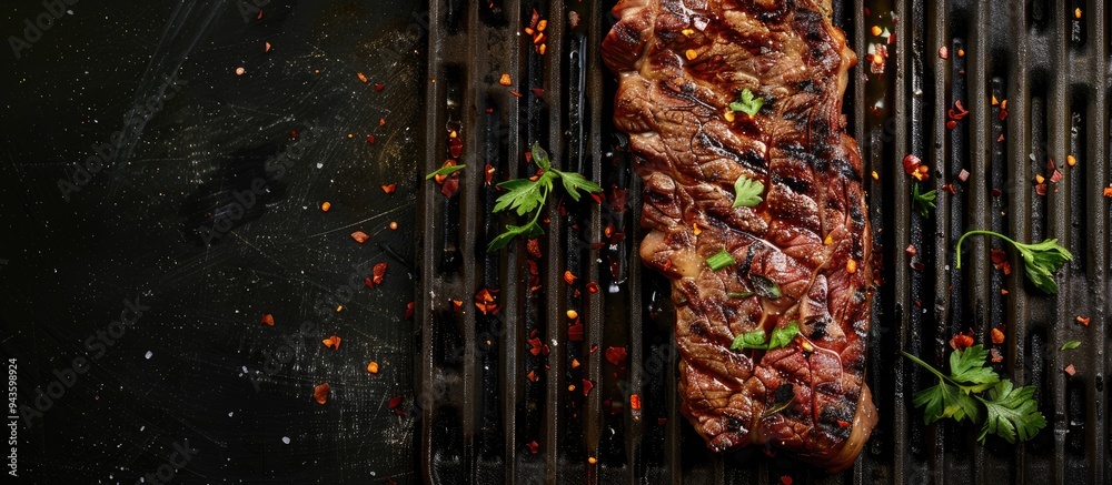 Poster grilled skirt steak prepared at home presented from a top view on a dark background with ample copy 