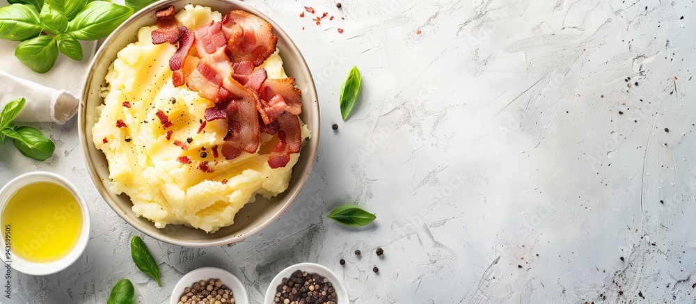 Fototapete White table with fried bacon mashed potato and basil with ample copy space image