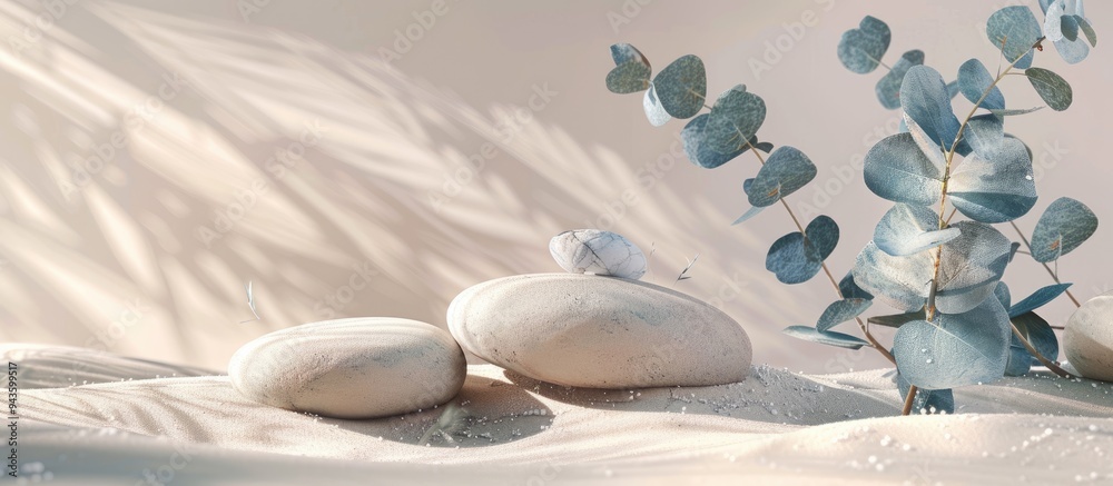 Aufkleber minimalistic background with round rock stones blue eucalyptus branches and beige sand ideal for pro