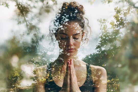 Double exposure of young woman meditating in nature  a serene yoga photography shot