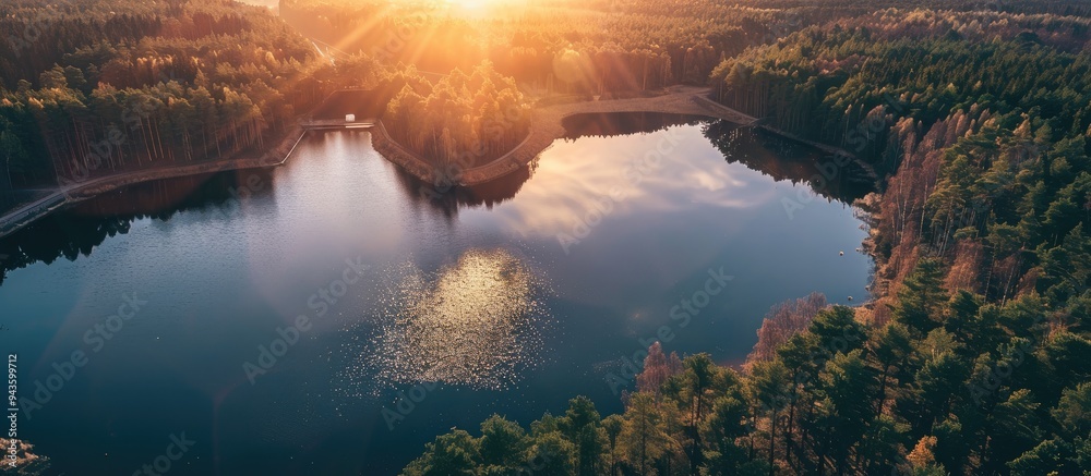 Aufkleber golden sunset reflected on a lake with a dam and forest in an aerial view with copy space image
