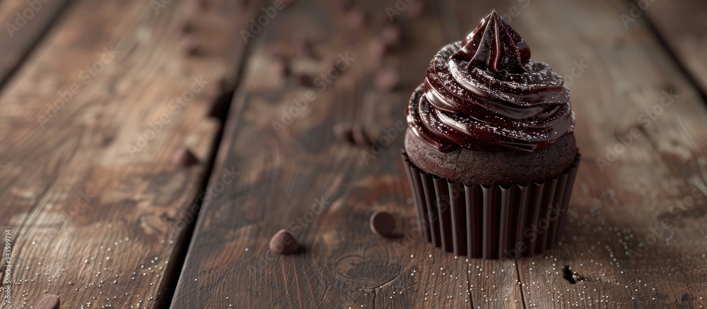 Leinwandbilder a delectable chocolate cupcake sits on a rustic table with copy space in a top view food background