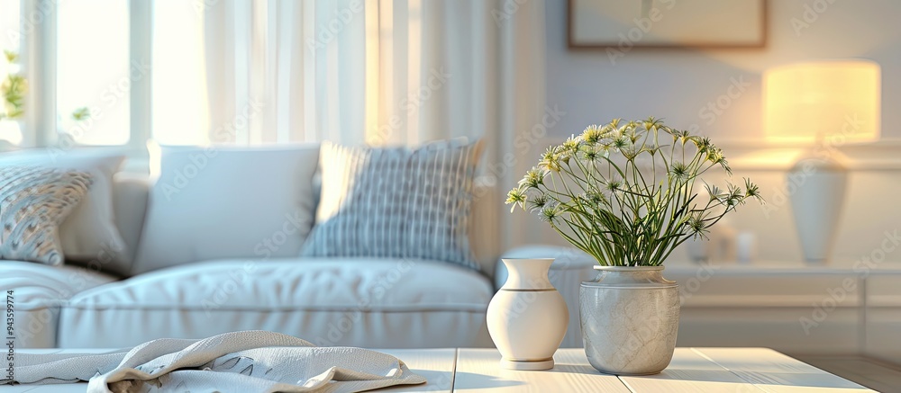 Poster Scandinavian style living room setting on a table top with a blurred backdrop ideal for showcasing products and presentations with a copy space image