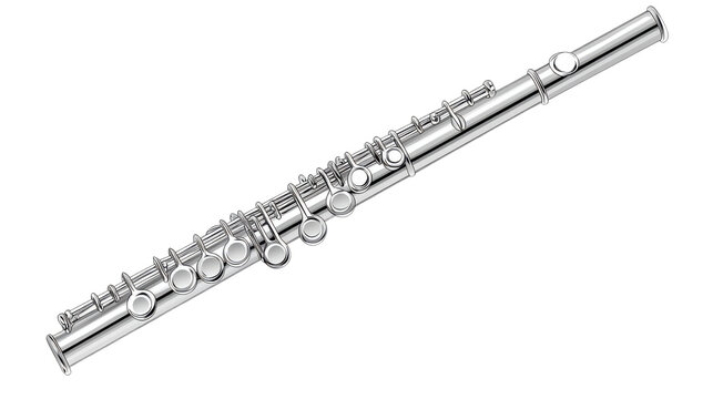 A beautifully crafted silver flute showcasing intricate details and design, perfect for music lovers and instrument enthusiasts. Isolated on transparent background.
