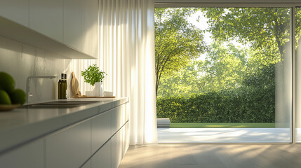 Fototapeta premium Modern kitchen with white countertops large window flowing sheer curtains bright natural light indoor-outdoor design greenery outside clean minimalist open layout airy serene space contemporary fresh 