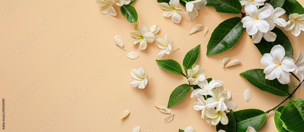 Poster Flat lay composition featuring fragrant jasmine flowers and verdant leaves on a neutral beige backdrop accompanied by ample copy space image