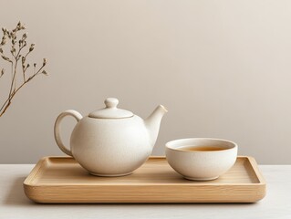 A minimalist tea set featuring a ceramic teapot and cup on a wooden tray against a neutral backdrop, ideal for calming moments.