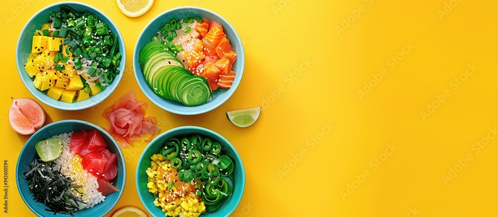 Poster A bird s eye view of colorful poke bowls arranged on a yellow background with empty space for text or graphics ideal for showcasing a copy space image
