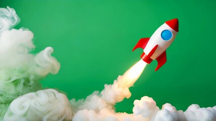 Toy rocket taking off with smoke, startup and business concept.