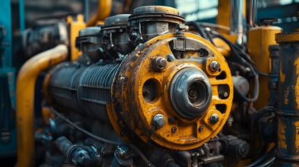 Fototapeta premium Close-up of a vintage engine in rich yellow and black tones, showcasing industrial details.