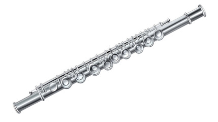 Fototapeta premium A sleek silver flute with intricate keys, perfect for showcasing musical craftsmanship and elegance in any studio or performance setting. Isolated on transparent background.