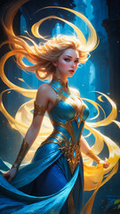 A fairy tale woman character dressed in gold and blue, in a fantasy dynamic composition