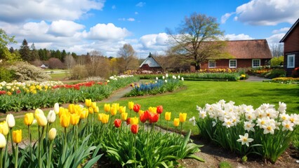 Obraz premium A Springtime Garden Scene with Flowers and a House in the Background