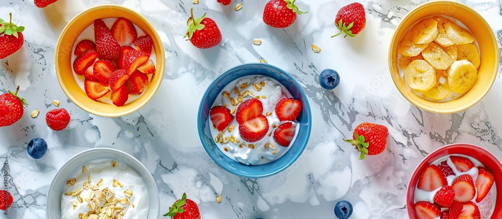 Aufkleber flat lay with breakfast bowls of fresh fruits yogurt porridge and whole strawberries on a marble tab