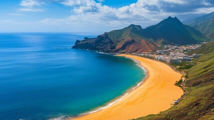 Obraz premium Golden sands of Las Teresitas beach in Santa Cruz de Tenerife, Canary Islands, offer a breathtaking view. Its artistic beauty captures the essence of the natural wonder.