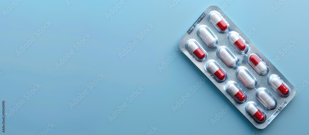 Poster top view of antibiotic pills in a blister pack set against a light blue backdrop with room for text 