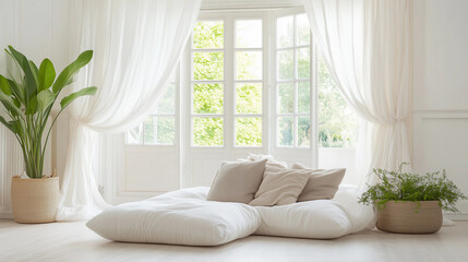 Serene boho interior light-filled room white french doors sheer curtains plush soft floor seating indoor plants Cape Cod Hamptons style soft cozy calm relaxing home copy space background relaxing 