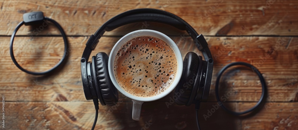 Poster an overhead view capturing a coffee cup and headphones with space for text or images. creative banne