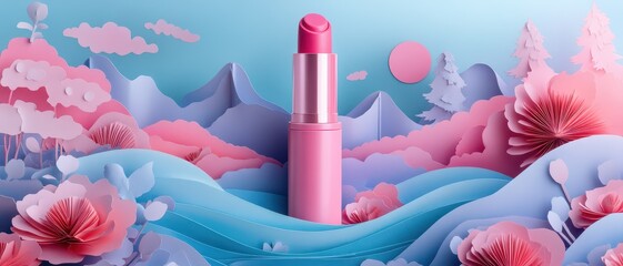 Vibrant pink lipstick surrounded by whimsical landscape of paper art with flowers and mountains in soft pastel hues.