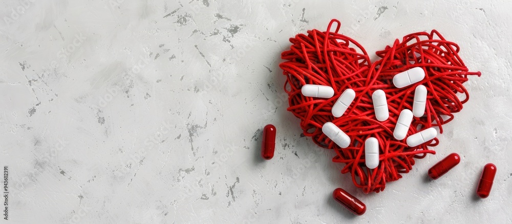 Poster Top down view of red string arranged in a heart shape with white pills on a plain background ideal for a copy space image